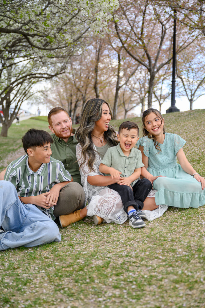 Family wearing coordinated spring outfits during Utah family photos
